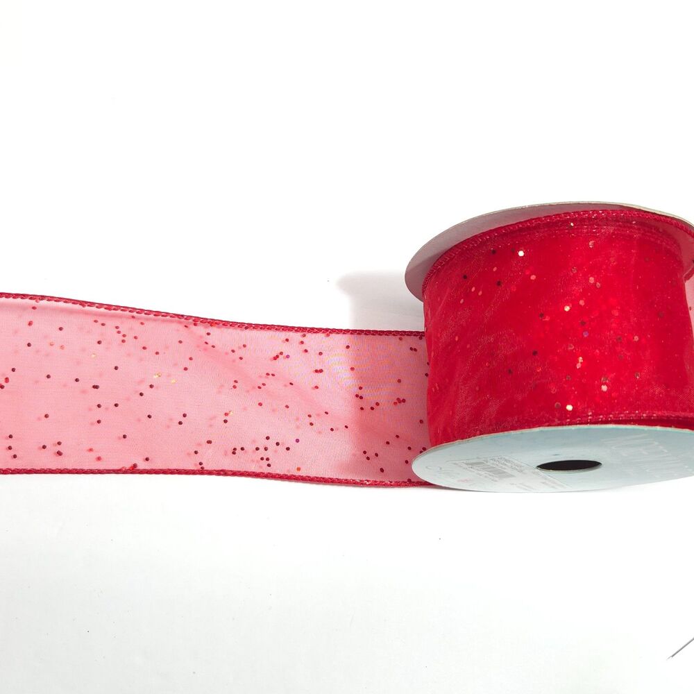 Red Glitter Chiffon Ribbon 2.5 in x 10 yd Craft Sewing Spool Morex Ribbon Used